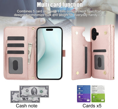 For iPhone 16 Plus Crossbody Multifunction Rhombic Leather Phone Case(Rose Gold) - iPhone 16 Plus Cases by PMC Jewellery | Online Shopping South Africa | PMC Jewellery | Buy Now Pay Later Mobicred