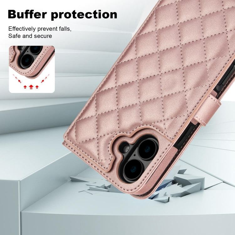 For iPhone 16 Plus Crossbody Multifunction Rhombic Leather Phone Case(Rose Gold) - iPhone 16 Plus Cases by PMC Jewellery | Online Shopping South Africa | PMC Jewellery | Buy Now Pay Later Mobicred