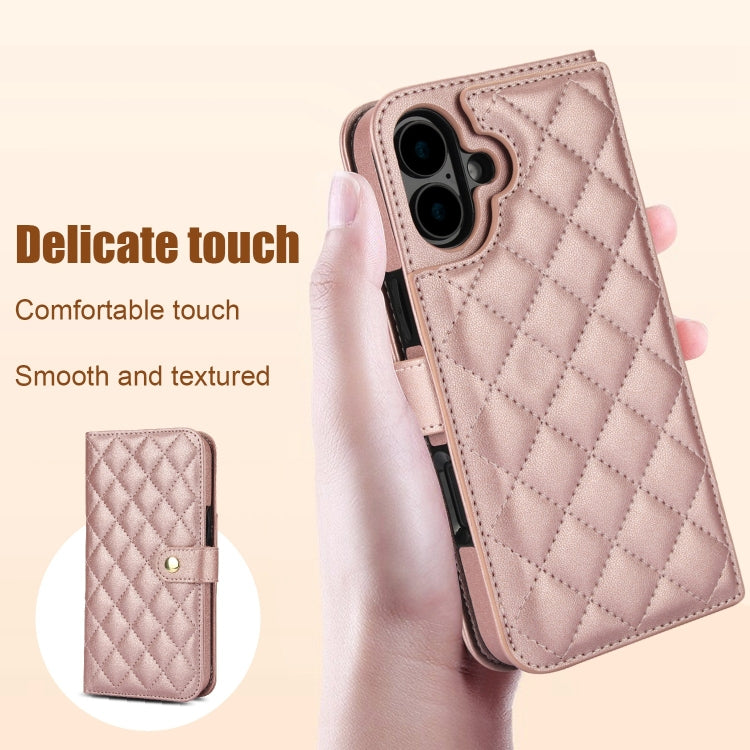 For iPhone 16 Crossbody Multifunction Rhombic Leather Phone Case(Rose Gold) - iPhone 16 Cases by PMC Jewellery | Online Shopping South Africa | PMC Jewellery | Buy Now Pay Later Mobicred