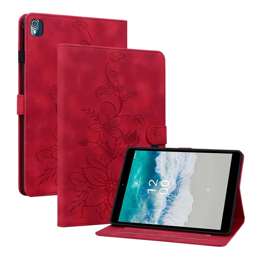 For Nokia T21 Lily Embossed Leather Tablet Case(Red) - Nokia by PMC Jewellery | Online Shopping South Africa | PMC Jewellery | Buy Now Pay Later Mobicred