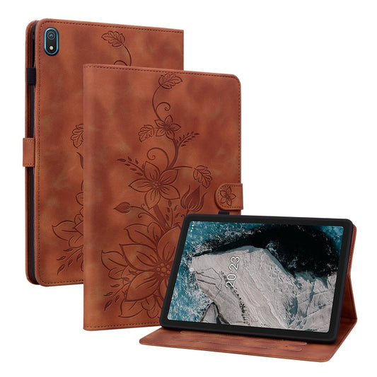 For Nokia T20 10.4 2021 Lily Embossed Leather Tablet Case(Brown) - Nokia by PMC Jewellery | Online Shopping South Africa | PMC Jewellery | Buy Now Pay Later Mobicred