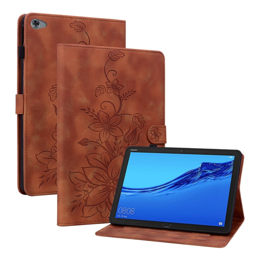 For Huawei MediaPad M5 Lite 10 / C5 10.1 Lily Embossed Leather Tablet Case(Brown) - Huawei by PMC Jewellery | Online Shopping South Africa | PMC Jewellery | Buy Now Pay Later Mobicred