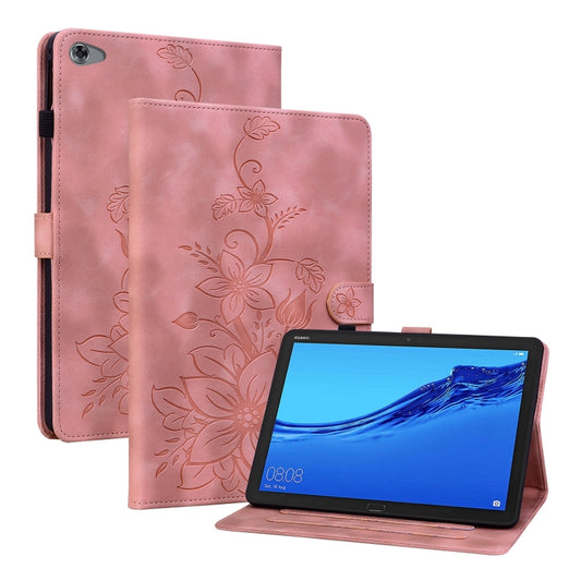 For Huawei MediaPad M5 Lite 10 / C5 10.1 Lily Embossed Leather Tablet Case(Pink) - Huawei by PMC Jewellery | Online Shopping South Africa | PMC Jewellery | Buy Now Pay Later Mobicred