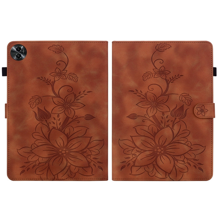 For Realme Pad 2 11.5 Lily Embossed Leather Tablet Case(Brown) - Realme by PMC TechLife | Online Shopping South Africa | PMC TechLife | Buy Now Pay Later Mobicred