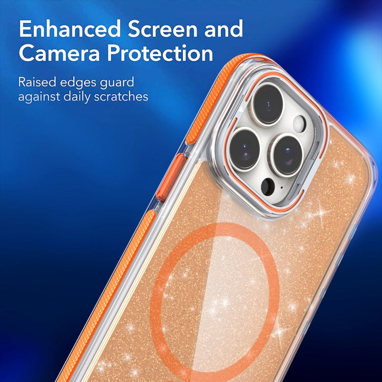 For iPhone 16 Pro Max Two-color Glitter Powder Lens Holder Magsafe Phone Case(Orange) - iPhone 16 Pro Max Cases by PMC Jewellery | Online Shopping South Africa | PMC Jewellery | Buy Now Pay Later Mobicred