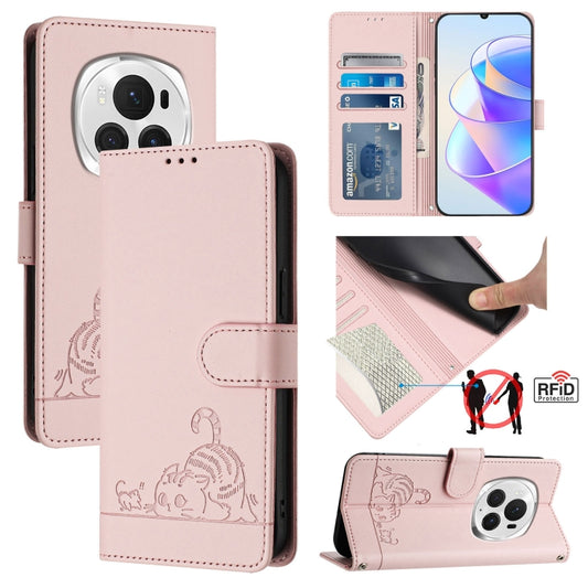 For Honor Magic6 Pro 5G Global Cat Rat Embossed Pattern RFID Leather Phone Case with Lanyard(Pink) - Honor Cases by PMC Jewellery | Online Shopping South Africa | PMC Jewellery | Buy Now Pay Later Mobicred