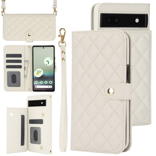 For Google Pixel 6a Crossbody Multifunction Rhombic Leather Phone Case(White) - Google Cases by PMC Jewellery | Online Shopping South Africa | PMC Jewellery | Buy Now Pay Later Mobicred