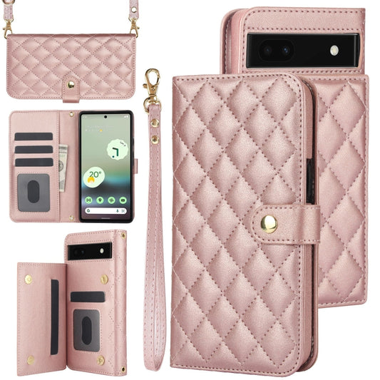 For Google Pixel 6a Crossbody Multifunction Rhombic Leather Phone Case(Rose Gold) - Google Cases by PMC Jewellery | Online Shopping South Africa | PMC Jewellery | Buy Now Pay Later Mobicred