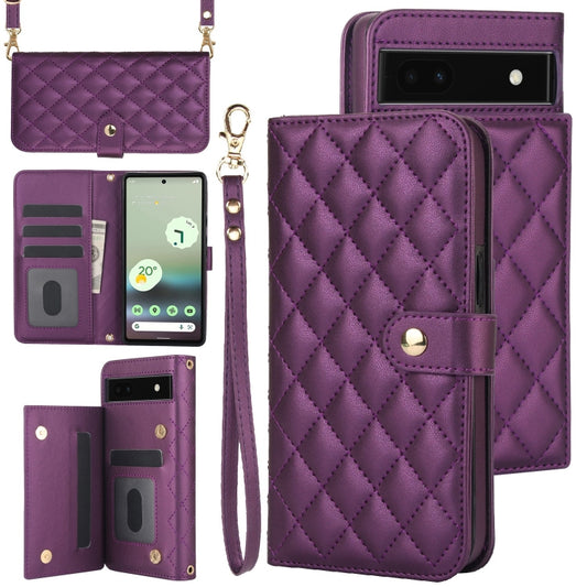 For Google Pixel 6a Crossbody Multifunction Rhombic Leather Phone Case(Dark Purple) - Google Cases by PMC Jewellery | Online Shopping South Africa | PMC Jewellery | Buy Now Pay Later Mobicred