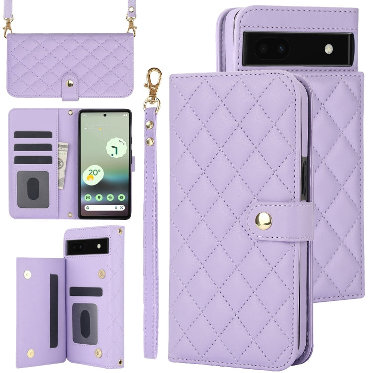 For Google Pixel 6a Crossbody Multifunction Rhombic Leather Phone Case(Purple) - Google Cases by PMC TechLife | Online Shopping South Africa | PMC TechLife | Buy Now Pay Later Mobicred
