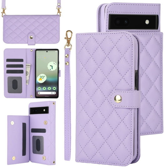 For Google Pixel 6a Crossbody Multifunction Rhombic Leather Phone Case(Purple) - Google Cases by PMC Jewellery | Online Shopping South Africa | PMC Jewellery | Buy Now Pay Later Mobicred