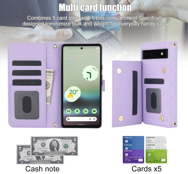 For Google Pixel 6a Crossbody Multifunction Rhombic Leather Phone Case(Purple) - Google Cases by PMC TechLife | Online Shopping South Africa | PMC TechLife | Buy Now Pay Later Mobicred