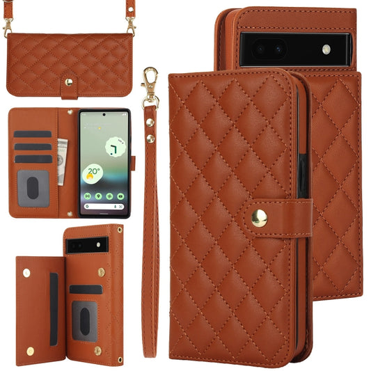 For Google Pixel 6a Crossbody Multifunction Rhombic Leather Phone Case(Brown) - Google Cases by PMC Jewellery | Online Shopping South Africa | PMC Jewellery | Buy Now Pay Later Mobicred