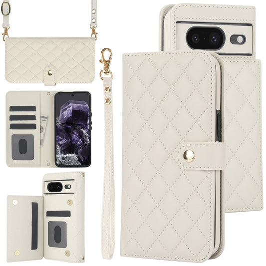 For Google Pixel 8 Crossbody Multifunction Rhombic Leather Phone Case(White) - Google Cases by PMC Jewellery | Online Shopping South Africa | PMC Jewellery | Buy Now Pay Later Mobicred