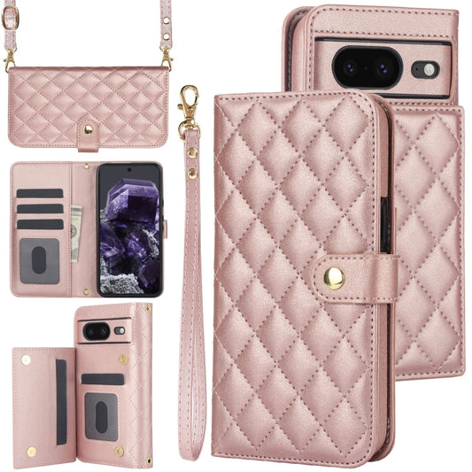 For Google Pixel 8 Crossbody Multifunction Rhombic Leather Phone Case(Rose Gold) - Google Cases by PMC Jewellery | Online Shopping South Africa | PMC Jewellery | Buy Now Pay Later Mobicred