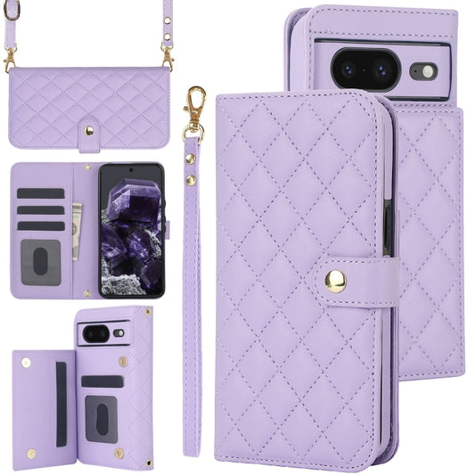 For Google Pixel 8 Crossbody Multifunction Rhombic Leather Phone Case(Purple) - Google Cases by PMC Jewellery | Online Shopping South Africa | PMC Jewellery | Buy Now Pay Later Mobicred