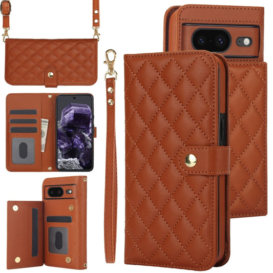 For Google Pixel 8 Crossbody Multifunction Rhombic Leather Phone Case(Brown) - Google Cases by PMC Jewellery | Online Shopping South Africa | PMC Jewellery | Buy Now Pay Later Mobicred