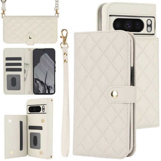 For Google Pixel 8 Pro Crossbody Multifunction Rhombic Leather Phone Case(White) - Google Cases by PMC Jewellery | Online Shopping South Africa | PMC Jewellery | Buy Now Pay Later Mobicred