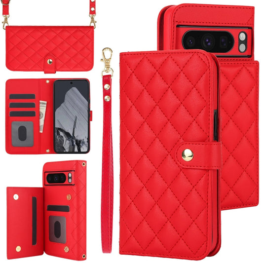 For Google Pixel 8 Pro Crossbody Multifunction Rhombic Leather Phone Case(Red) - Google Cases by PMC Jewellery | Online Shopping South Africa | PMC Jewellery | Buy Now Pay Later Mobicred