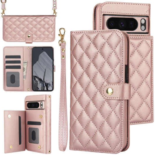 For Google Pixel 8 Pro Crossbody Multifunction Rhombic Leather Phone Case(Rose Gold) - Google Cases by PMC Jewellery | Online Shopping South Africa | PMC Jewellery | Buy Now Pay Later Mobicred