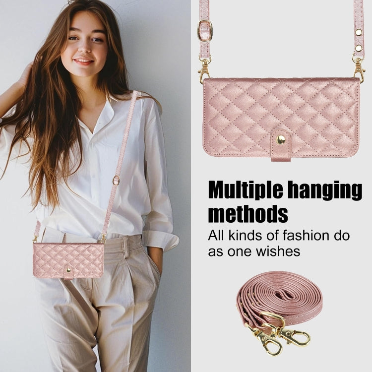 For Google Pixel 8 Pro Crossbody Multifunction Rhombic Leather Phone Case(Rose Gold) - Google Cases by PMC TechLife | Online Shopping South Africa | PMC TechLife | Buy Now Pay Later Mobicred