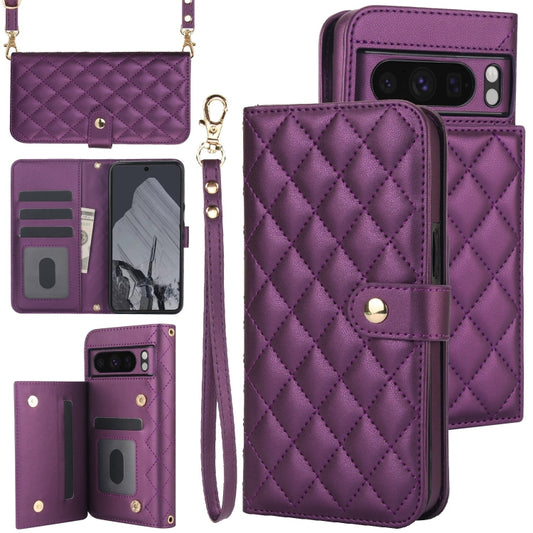 For Google Pixel 8 Pro Crossbody Multifunction Rhombic Leather Phone Case(Dark Purple) - Google Cases by PMC Jewellery | Online Shopping South Africa | PMC Jewellery | Buy Now Pay Later Mobicred