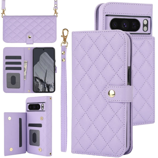 For Google Pixel 8 Pro Crossbody Multifunction Rhombic Leather Phone Case(Purple) - Google Cases by PMC Jewellery | Online Shopping South Africa | PMC Jewellery | Buy Now Pay Later Mobicred