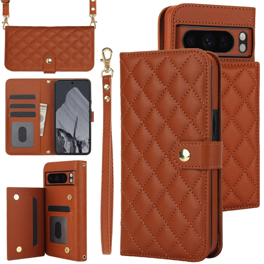 For Google Pixel 8 Pro Crossbody Multifunction Rhombic Leather Phone Case(Brown) - Google Cases by PMC Jewellery | Online Shopping South Africa | PMC Jewellery | Buy Now Pay Later Mobicred