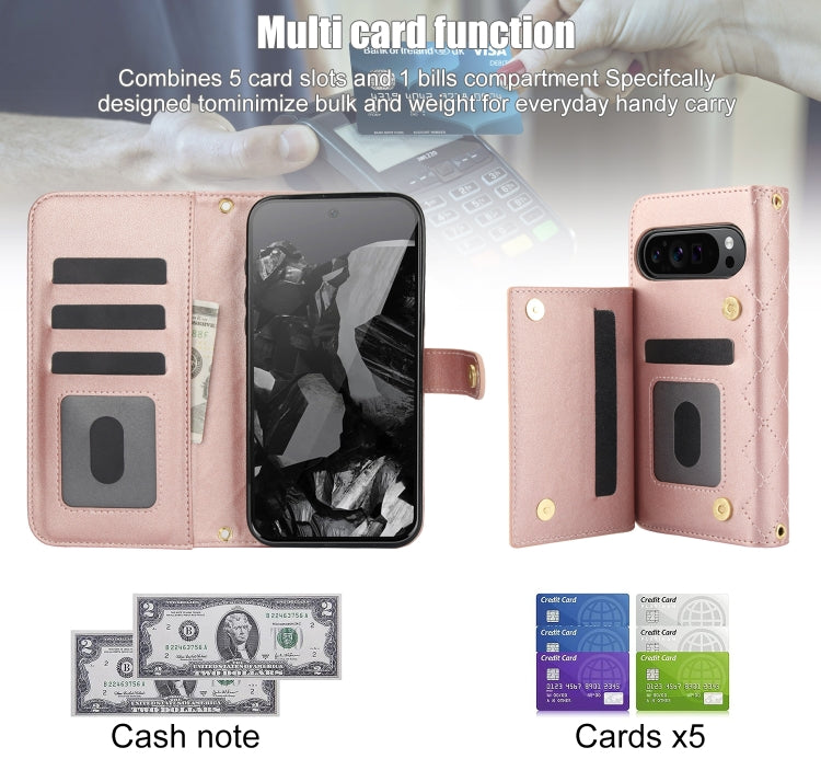 For Google Pixel 9 Pro XL Crossbody Multifunction Rhombic Leather Phone Case(Rose Gold) - Google Cases by PMC TechLife | Online Shopping South Africa | PMC TechLife | Buy Now Pay Later Mobicred