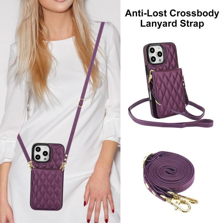 For iPhone 16 Pro YM015 Crossbody Rhombic Card Bag RFID Phone Case(Dark Purple) - iPhone 16 Pro Cases by PMC Jewellery | Online Shopping South Africa | PMC Jewellery | Buy Now Pay Later Mobicred