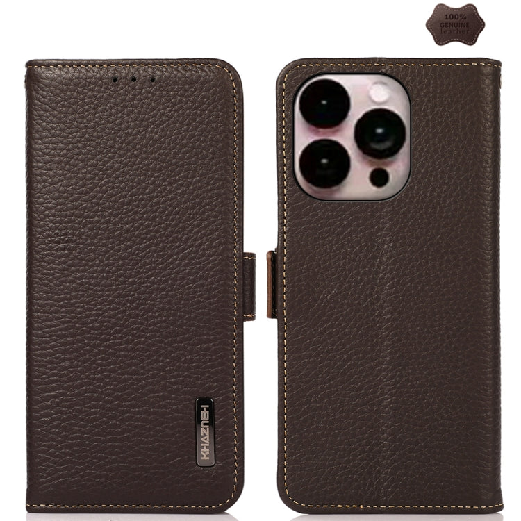 For iPhone 16 Pro KHAZNEH Side-Magnetic Litchi Genuine Leather RFID Case(Brown) - iPhone 16 Pro Cases by PMC TechLife | Online Shopping South Africa | PMC TechLife | Buy Now Pay Later Mobicred
