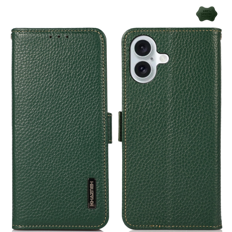 For iPhone 16 KHAZNEH Side-Magnetic Litchi Genuine Leather RFID Case(Green) - iPhone 16 Cases by PMC Jewellery | Online Shopping South Africa | PMC Jewellery | Buy Now Pay Later Mobicred