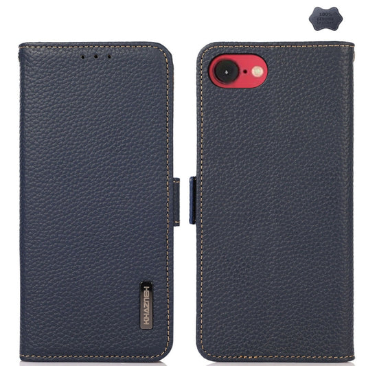 For iPhone 16e KHAZNEH Side-Magnetic Litchi Genuine Leather RFID Case(Blue) - iPhone 16e Cases by PMC Jewellery | Online Shopping South Africa | PMC Jewellery | Buy Now Pay Later Mobicred