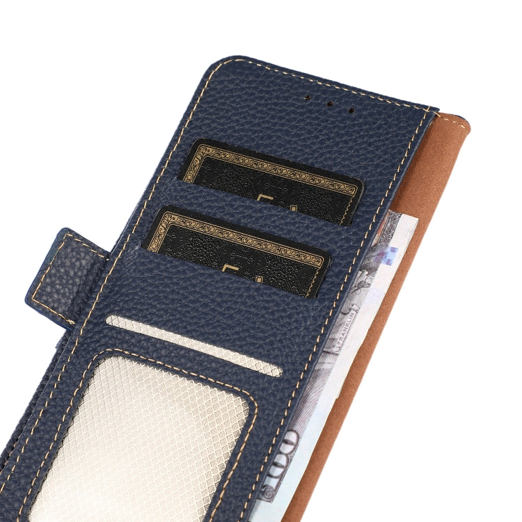 For iPhone 16e KHAZNEH Side-Magnetic Litchi Genuine Leather RFID Case(Blue) - iPhone 16e Cases by PMC TechLife | Online Shopping South Africa | PMC TechLife | Buy Now Pay Later Mobicred