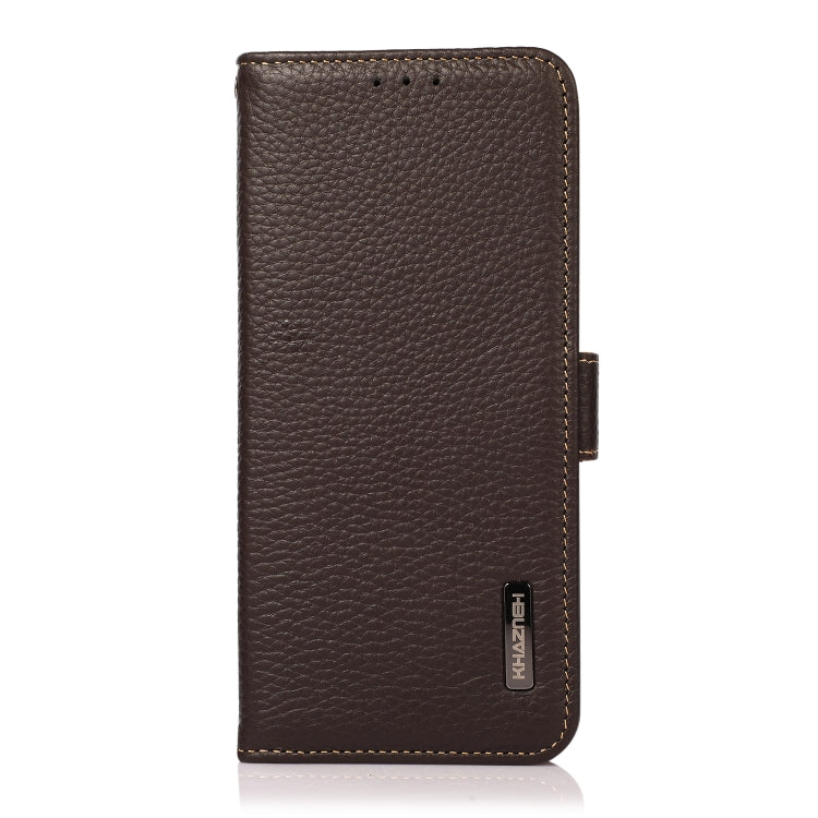 For iPhone 16e KHAZNEH Side-Magnetic Litchi Genuine Leather RFID Case(Brown) - iPhone 16e Cases by PMC TechLife | Online Shopping South Africa | PMC TechLife | Buy Now Pay Later Mobicred