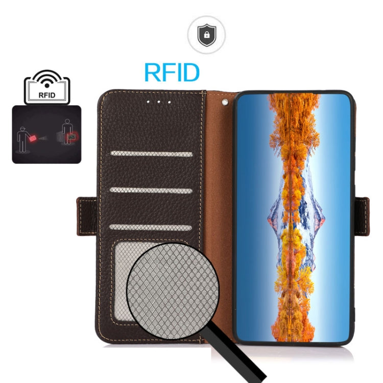 For iPhone 16e KHAZNEH Side-Magnetic Litchi Genuine Leather RFID Case(Brown) - iPhone 16e Cases by PMC TechLife | Online Shopping South Africa | PMC TechLife | Buy Now Pay Later Mobicred