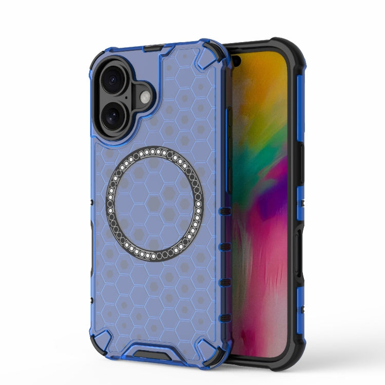 For iPhone 16 Honeycomb Magnetic Ring Shockproof Phone Case(Blue) - iPhone 16 Cases by PMC TechLife | Online Shopping South Africa | PMC TechLife | Buy Now Pay Later Mobicred
