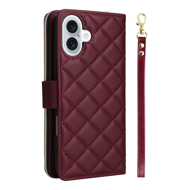 For iPhone 16 Plus Crossbody Rhombic Zipper Tower Buckle Leather Phone Case with Lanyard(Wine Red) - iPhone 16 Plus Cases by PMC Jewellery | Online Shopping South Africa | PMC Jewellery | Buy Now Pay Later Mobicred