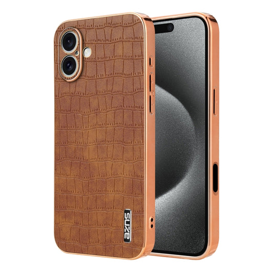 For iPhone 16 Plus AZNS Electroplated Frame Crocodile Texture Full Coverage Phone Case(Brown) - iPhone 16 Plus Cases by AZNS | Online Shopping South Africa | PMC Jewellery | Buy Now Pay Later Mobicred