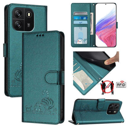 For Blackview Wave 6C Cat Rat Embossed Pattern RFID Leather Phone Case with Lanyard(Peacock Green) - More Brand by PMC Jewellery | Online Shopping South Africa | PMC Jewellery | Buy Now Pay Later Mobicred