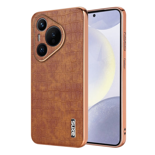 For Huawei Pura 70 AZNS Electroplated Frame Crocodile Texture Full Coverage Phone Case(Brown) - Huawei Cases by AZNS | Online Shopping South Africa | PMC Jewellery | Buy Now Pay Later Mobicred