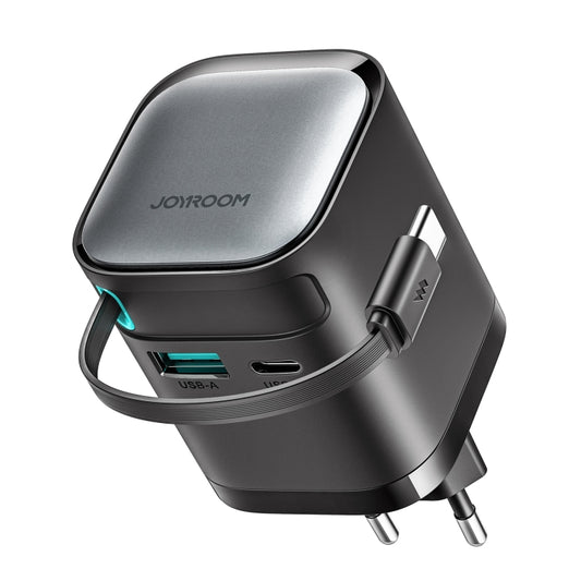 JOYROOM JR-TCL02 GaN 65W 2-Port Charger with Retractable Cable, EU Plug - USB Charger by JOYROOM | Online Shopping South Africa | PMC Jewellery | Buy Now Pay Later Mobicred