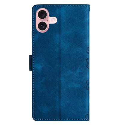 For iPhone 16 Cherry Blossom Butterfly Skin Feel Embossed PU Phone Case(Blue) - iPhone 16 Cases by PMC Jewellery | Online Shopping South Africa | PMC Jewellery | Buy Now Pay Later Mobicred