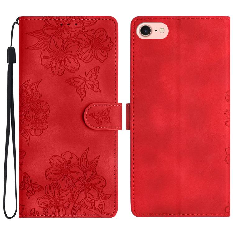 For iPhone 16e Cherry Blossom Butterfly Skin Feel Embossed PU Phone Case(Red) - iPhone 16e Cases by PMC TechLife | Online Shopping South Africa | PMC TechLife | Buy Now Pay Later Mobicred