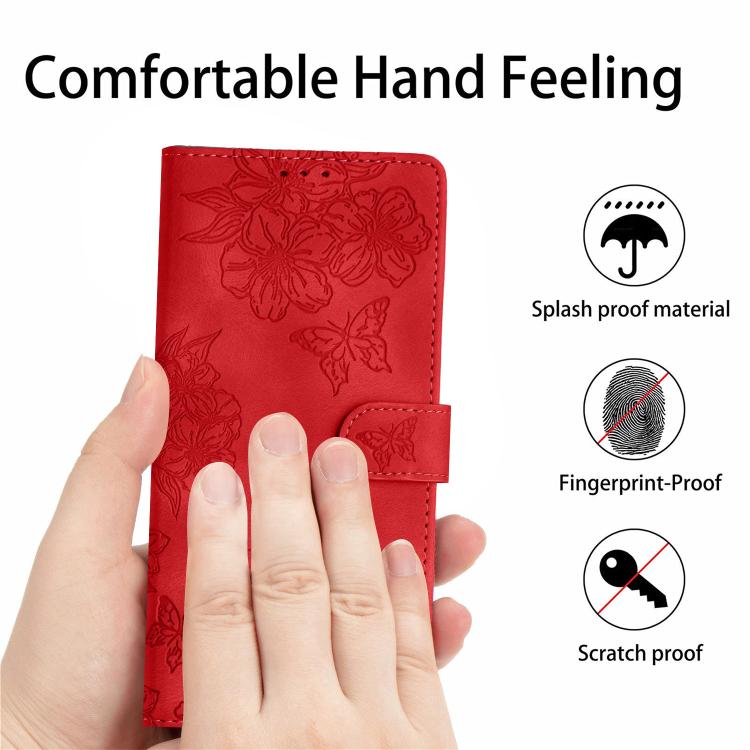 For iPhone 16e Cherry Blossom Butterfly Skin Feel Embossed PU Phone Case(Red) - iPhone 16e Cases by PMC TechLife | Online Shopping South Africa | PMC TechLife | Buy Now Pay Later Mobicred