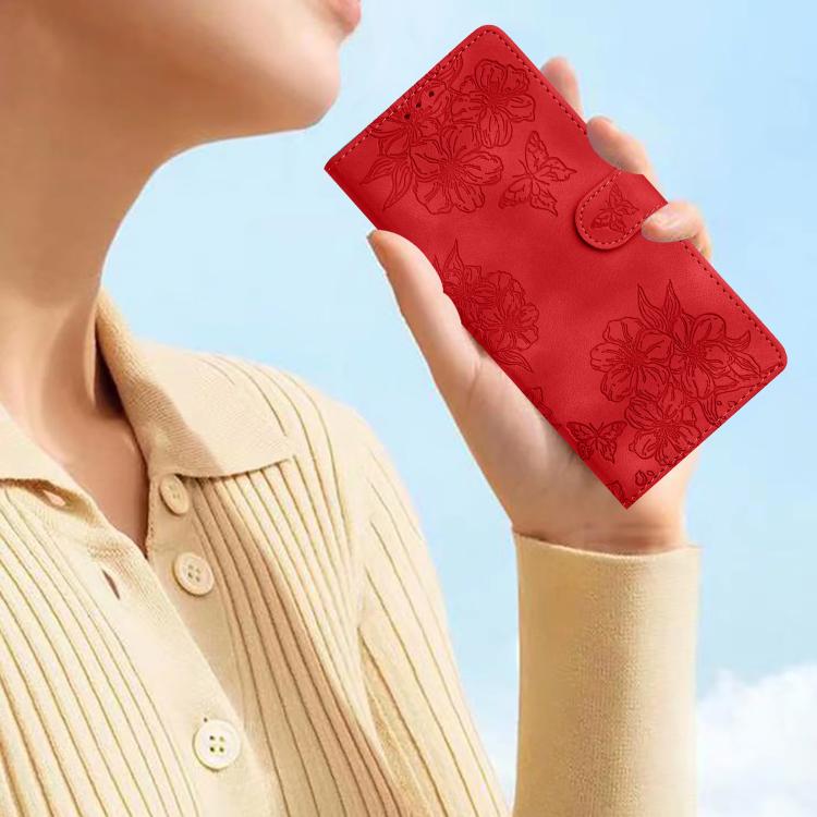 For iPhone 16e Cherry Blossom Butterfly Skin Feel Embossed PU Phone Case(Red) - iPhone 16e Cases by PMC TechLife | Online Shopping South Africa | PMC TechLife | Buy Now Pay Later Mobicred