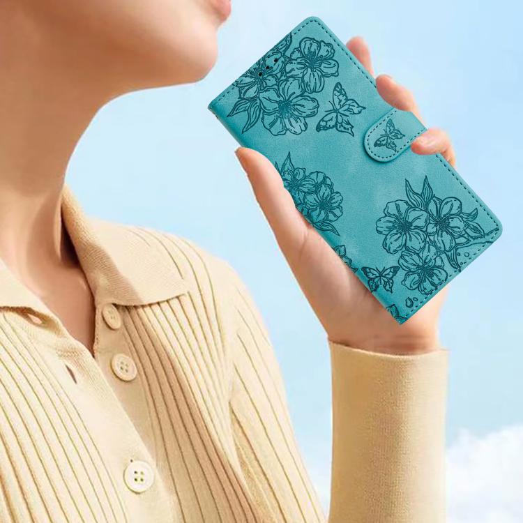 For iPhone 16e Cherry Blossom Butterfly Skin Feel Embossed PU Phone Case(Green) - iPhone 16e Cases by PMC TechLife | Online Shopping South Africa | PMC TechLife | Buy Now Pay Later Mobicred