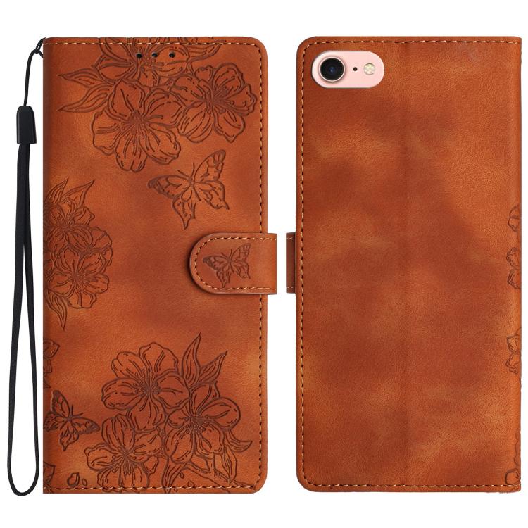 For iPhone 16e Cherry Blossom Butterfly Skin Feel Embossed PU Phone Case(Brown) - iPhone 16e Cases by PMC TechLife | Online Shopping South Africa | PMC TechLife | Buy Now Pay Later Mobicred