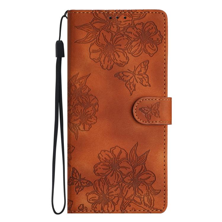 For iPhone 16e Cherry Blossom Butterfly Skin Feel Embossed PU Phone Case(Brown) - iPhone 16e Cases by PMC TechLife | Online Shopping South Africa | PMC TechLife | Buy Now Pay Later Mobicred