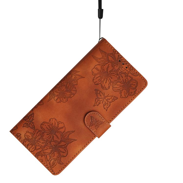 For iPhone 16e Cherry Blossom Butterfly Skin Feel Embossed PU Phone Case(Brown) - iPhone 16e Cases by PMC TechLife | Online Shopping South Africa | PMC TechLife | Buy Now Pay Later Mobicred